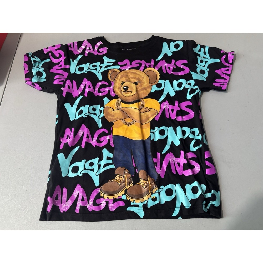 Fresh Laundry Savage Bear Shirt Youth Size L Black Hype Spell out AOP